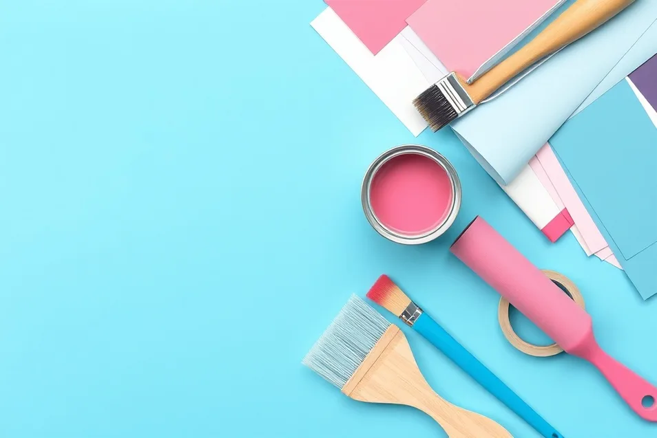 Pots de peinture, nuancier, brosses et rouleaux disposés à plat