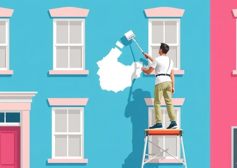 Peintre sur échafaudage traitant la façade d'une maison