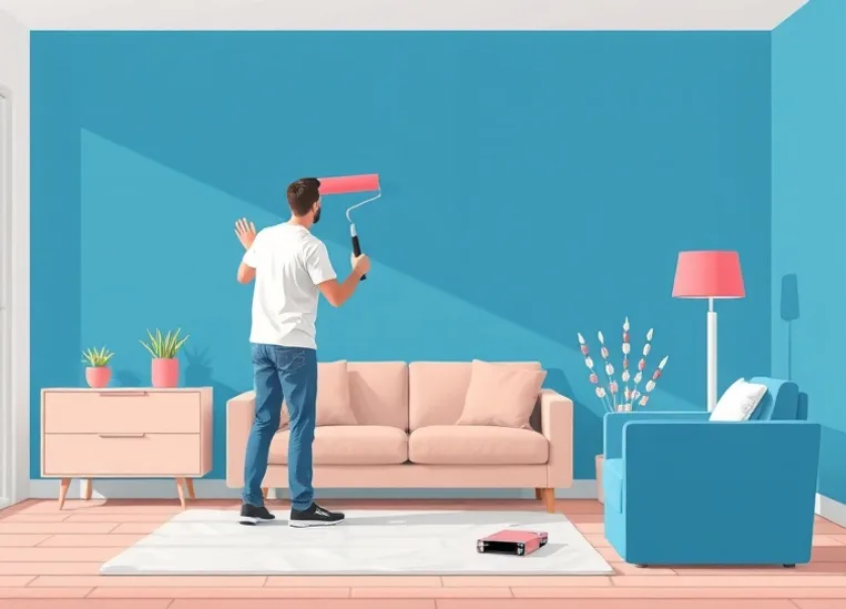 Peintre appliquant la peinture au rouleau sur un mur de salon